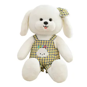 Wholesale plush toy grid strap pants wearing a bow on head symbolic gift for birthday puppie toys