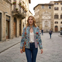 Veste blouson en velours tricoté brodé de fleurs élégantes, broderie Suzani artisanale authentique, col mandarin, manches longues