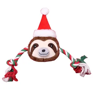 Hot Selling Weihnachten Soft Durable Plüsch Santa Sloth Interaktives Baumwoll seil Kau spielzeug Faux Far Squeaky Pet Toy Sound-Making Toy