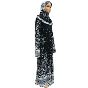 穆斯林女孩服装伊斯兰祈祷服装传统中庸花朵印花蕾丝睡袍阿巴亚柔软丝滑卡夫坦阿拉伯马克西礼服礼服