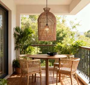 Lampadario Moderno in Rattan con Coprilampada per Hotel, Ristoranti, Caffè, Ville e Cottage - Product Image 2
