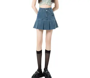 SMO Blue Mini Skirt Y2k Denim Pleated Mini Skirt High Waist Pleated Skirt