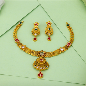 Gold <b>Statement</b> <b>Necklace</b> Set With Red Green Zircon Bezel Setting 22K Gold Womens Wedding Jewelry - Product Image 3