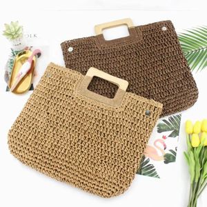 Vintage Paper Straw Crochet Handbags <b>Large</b> Capacity Shopping <b>Beach</b> Tote <b>Bag</b> Women Lady Summer Casual Dress <b>Bag</b> With Wood Handle - Product Image 3