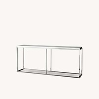 Table console moderne en verre de qualité supérieure avec cadre en laiton, séparateur central, deux compartiments ouverts, profil fin, pour salon, OEM/ODM personnalisé