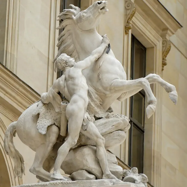 White Marble Marly horse sculpture with solider in Louvre