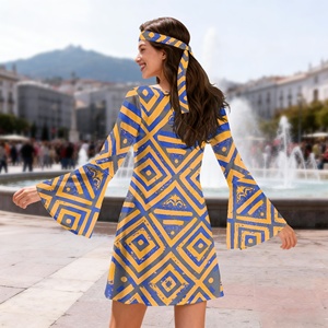 Elegante Vestido Corto Vintage para Mujer con Diseño Polinesio Tapa, Sexy Vestido Occidental Color Caqui con Mangas Largas y Bufanda para Fiesta - Product Image 3