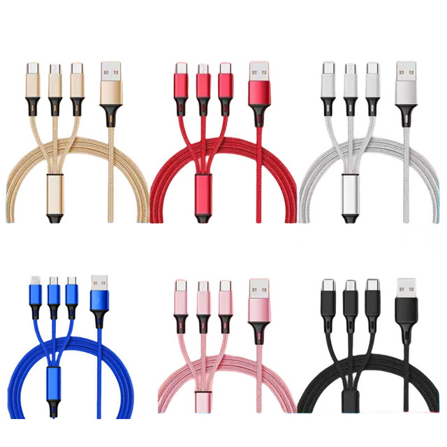 Custom 3 in One Nylon Usb Cable 3-in-1/3in1 Charging Data Cable Phone Type C Android 3 in 1 Usb Cable Charger