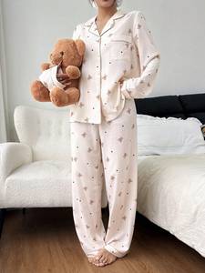 <span class=keywords><strong>Pigiama</strong></span> Personalizzato <span class=keywords><strong>con</strong></span> Stampa Orso, Colletto a Risvolto, in Cotone <span class=keywords><strong>con</strong></span> Bordi Decorativi, Maniche Lunghe, Set <span class=keywords><strong>Pigiama</strong></span> in Bambù per Donne - Product Image 2