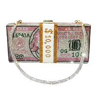 Nouveauté 2021 : Sacs à main, pochettes et sacs de soirée en forme de dollar USD, avec chaîne dorée, effet scintillant et ornements en diamant