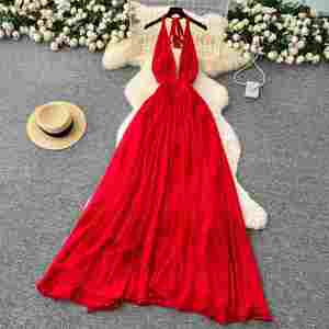 Robe midi d'été pour femme, durable, respirante, tissée, col en V romain, coupe ajustée, décontractée, infroissable, lavable, style Empire, dos nu, bretelles spaghetti - Product Image 1