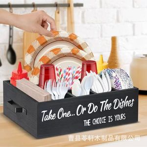 Cross-border wooden tableware <b>storage</b> and sorting <b>box</b> for <b>kitchen</b> and household tableware <b>storage</b> with handles, restaurant bar - Product Image 1