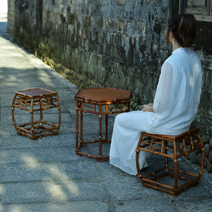 <b>Bamboo</b> Drum <b>Stool</b> Square Yellow Durable Tea Ceremony Accessory Courtyard Use - Product Image 3