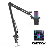 Mikrofon Kondensor Berkabel CMTECK dengan Set Lengan Mikrofon Desktop dengan Peredam Kebisingan RGB USB Tipe-C untuk Gaming & Pengajaran