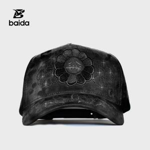 Gorras Personalizadas Sombrero G5 INNEDIT Gorra de Béisbol de 5 Paneles de Gamuza Dobby con Bordado de Flores y Esqueletos Desgastados - Product Image 1