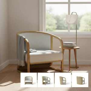 Fauteuil d'appoint de luxe moderne pour salon avec accoudoirs en bois courbé et panneaux latéraux en rotin naturel pour chambre et appartement - Product Image 1