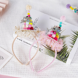 Chapeau Pompon Bonbon d'Anniversaire pour Enfants avec Voile, Coiffe de Princesse pour Fille, Bandeau de Fête d'Anniversaire - Product Image 1