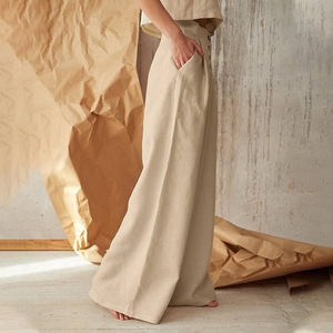 Boutique 2025 printemps nouvelle couleur unie taille haute décontracté bouton coton <span class=keywords><strong>lin</strong></span> pantalon à jambes larges pantalons pour femmes - Product Image 4