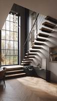 Escalier flottant droit moderne sur mesure avec poutre en acier invisible, marches en chêne massif, garde-corps en verre trempé et éclairage LED pour villa