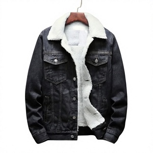 Veste en jean foncé pour homme avec doublure en polaire blanche, boutonnage frontal, coupe classique, vêtement d'hiver décontracté, couleur unie, détails surpiqués - Product Image 1