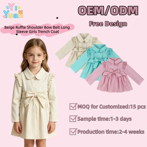 Manteau trench beige pour enfants à col Peter Pan, avec volants aux épaules et nœud à la taille, manches longues, pour petites filles, veste d'extérieur printemps - Product Image 1
