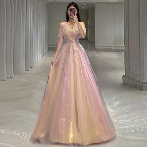 Gradient Party Evening Dresses Female New Celebrity Temperament Host Dresses Long Section A Shoulder Dress