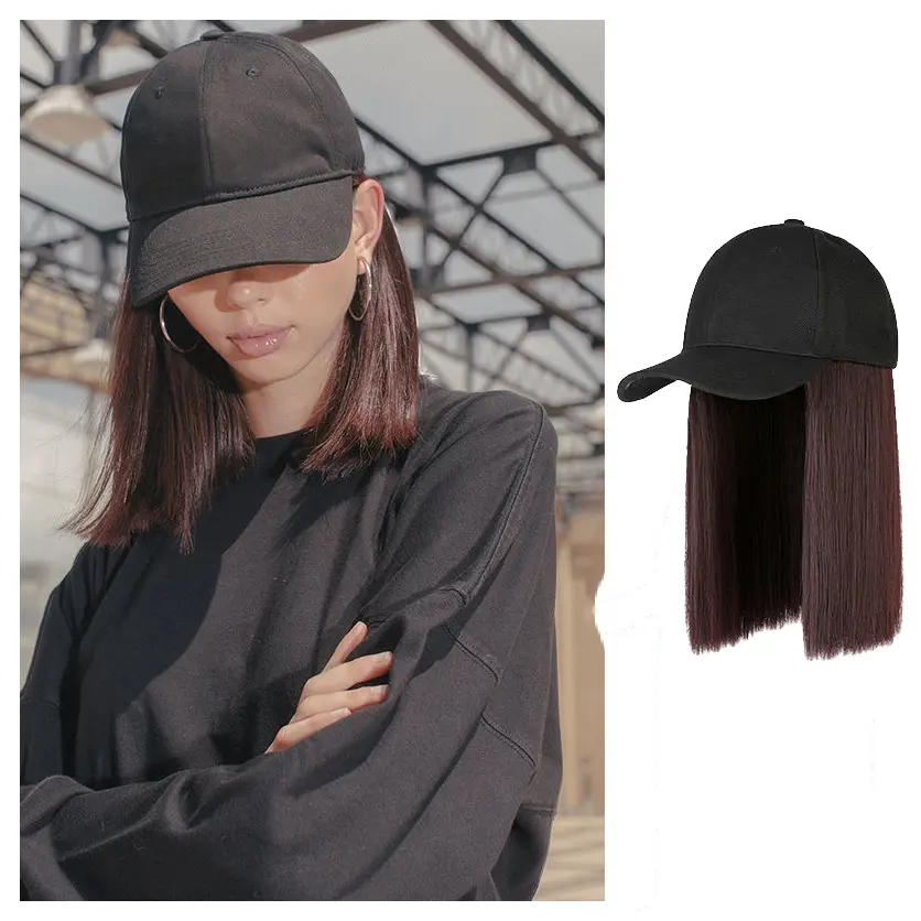 Wholesale custom american fashion women bob short straight synthetic heat resistant hair black baseball hat wig for black women