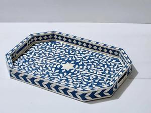 Rectángulo de incrustaciones de hueso hecho a mano, bandeja de servicio de naturaleza muerta moderna, manijas decorativas florales azules, mesa de centro, decoración del hogar, bodas - Product Image 2