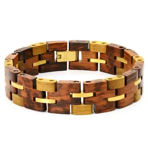 Latest design golden plated stainless steel and wood bracelet for women and men hand wearing wristband bracelets jewelry