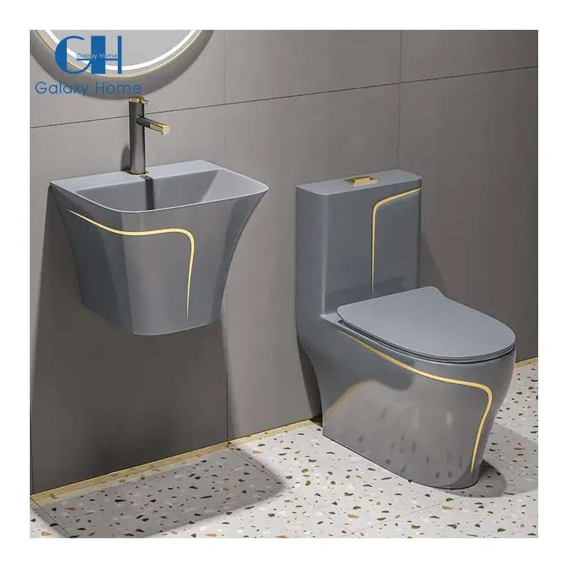 Lavabo de pared esmaltado fácil de limpiar de estilo moderno y inodoro de color gris mate Juego de inodoro de cerámica para armario de agua