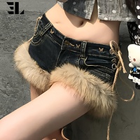 Celana Pendek Denim Patchwork Bulu Imitasi LARSUR Custom Factory, Model Distress Wash, untuk Wanita