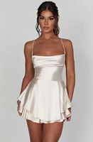 Fabricants de vêtements sur mesure, robes courtes en satin de soie pour femmes, sans manches, sexy, dos nu, à lacets, à volants, style halter