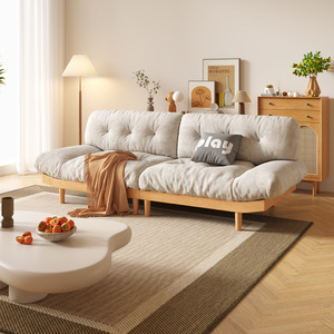Japanese Style Solid Wood Cloud <b>Sofa</b> Three Seater Off White Gray Tufted Fabric Living Room Furniture - Product Image 1