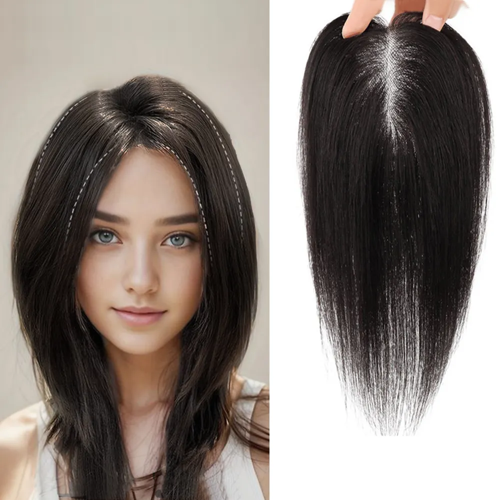 6x9cm Base de seda Top Hairpiece Virgin Clip en Hair Topper para adelgazar el cabello Natural Black Womens Human Hair Topper