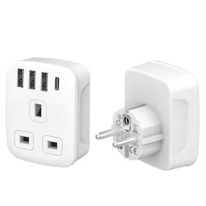 Adaptador de enchufe de Reino Unido a europeo con 4 puertos USB, dispositivo de viaje europeo con conexión a tierra con 3 USB-A y 1 Tipo C