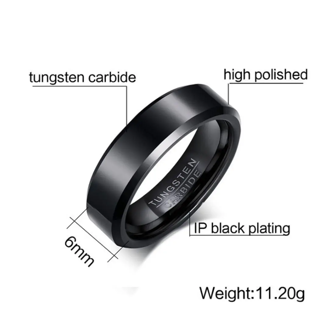 Anel 8mm, moda básica preto de carboneto de tungstênio chanfrado borda polida confortável para homem anel