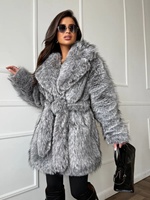 Manteau gris pour femme en fausse fourrure de renard avec ceinture, collection Hiver 2026, chaud, épais, mi-long, coupe oversize, col à revers, veste moelleuse, vêtement d'extérieur de luxe pour femme