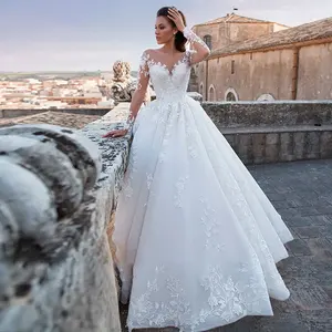 White/Ivory Elegant Wedding Dresses 2023 Illusion Long Sleeves Appliques Lace Bride Dresses Princess Tulle Backless Wedding Gown