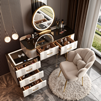 Ensemble de coiffeuse moderne avec miroir, tiroirs ondulés et tabouret, éclairage LED intelligent en bois extensible pour la chambre à coucher