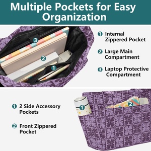 Sac fourre-tout décontracté matelassé pour femme, motif Hawaïen violet Ulu personnalisé, grande capacité, multi-poches, durable et écologique - Product Image 4