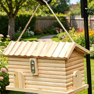 Nichoir en bois pour oiseaux de jardin, style <span class=keywords><strong>cabane</strong></span> en rondins, à suspendre, pour pinsons sauvages, en paulownia naturelle, mangeoire décorative - Product Image 5