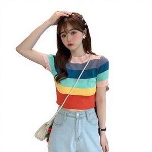 T-shirt décontracté pour femme à col rond et manches courtes, en tricot satiné, respirant et rayé, idéal pour l'hiver – Vente en gros - Product Image 3