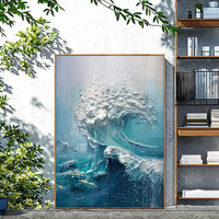 Peinture à l'huile abstraite moderne faite à la main, texture peinte à la main, toile murale, couteau épais, paysage bleu, vagues océaniques 3D