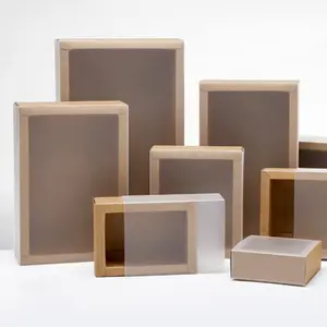 Caja de papel Kraft con ventana Cajón deslizante de papel Kraft Cajas de regalo de lujo marrón Caja de cartón de embalaje con ventana de PVC transparente