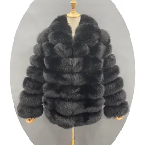 Зимнее роскошное пальто из черного лисьего меха, женское пушистое пальто с большим меховым воротником, Женская куртка из лисьего меха саги