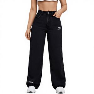 Jeans de Mezclilla Holgados de Cintura Alta y Pierna Recta para Mujer, Color Negro Sólido, Estilo Casual, con Logotipo en la Pierna Derecha - Product Image 1