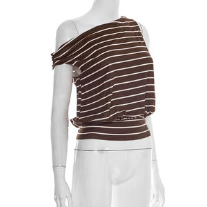 Viviblook J26TP043 T-shirt d'été pour femme, nouveau modèle rayé, col bateau, épaules dénudées, taille ample, sans manches, crop top pour femmes - Product Image 2