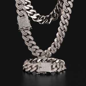 Collier <span class=keywords><strong>en</strong></span> zircone cubique taille baguette <span class=keywords><strong>de</strong></span> 19 mm, plaqué or, chaîne cubaine style hip-hop, bracelet <span class=keywords><strong>gourmette</strong></span> <span class=keywords><strong>argent</strong></span>é, cadeau - Product Image 2