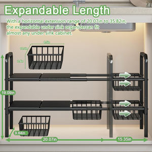 Organisateur d'évier de cuisine en métal à 2 niveaux, plateau de rangement extensible à longueur réglable, support autoportant à double niveau - Product Image 2