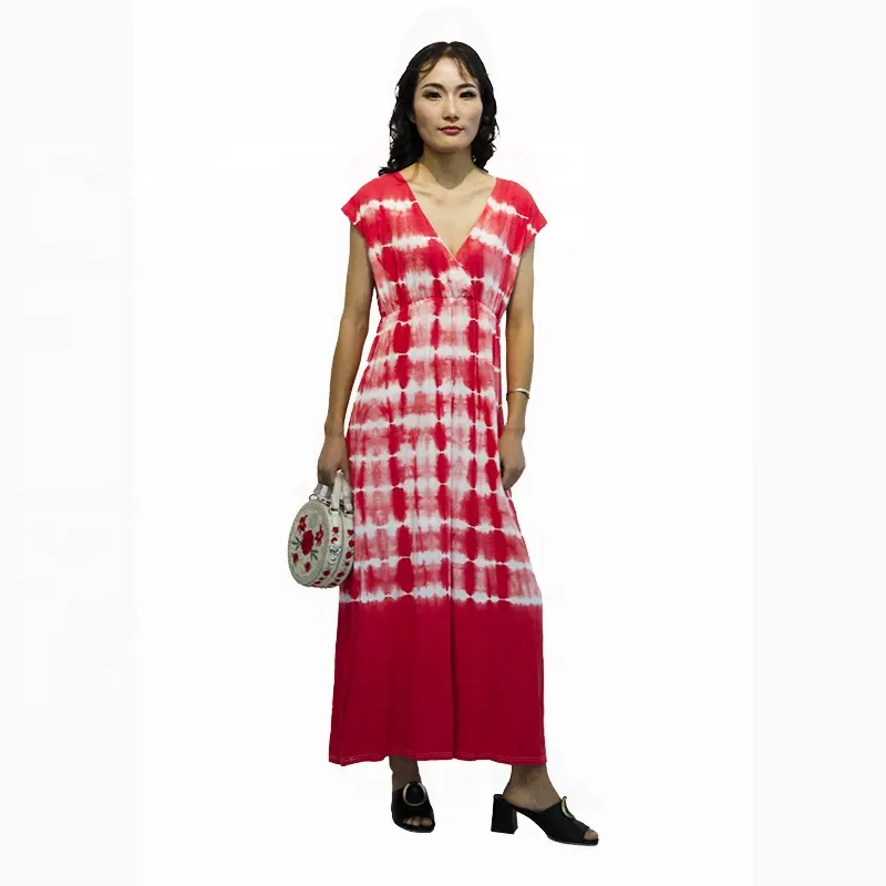 女性のファッションセクシーなノースリーブドレス夏のカジュアルネクタイは赤い床の長さのドレスST0051を染めます